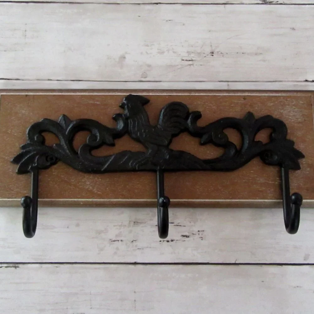Cast iron rooster hook on wood plaque - architectural salvage -rustic farmhouse